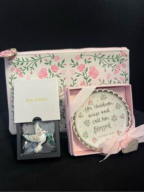 Bundle Rose Scripture Trinket Tray and Rose Print Pouch Set , Dove Brooch